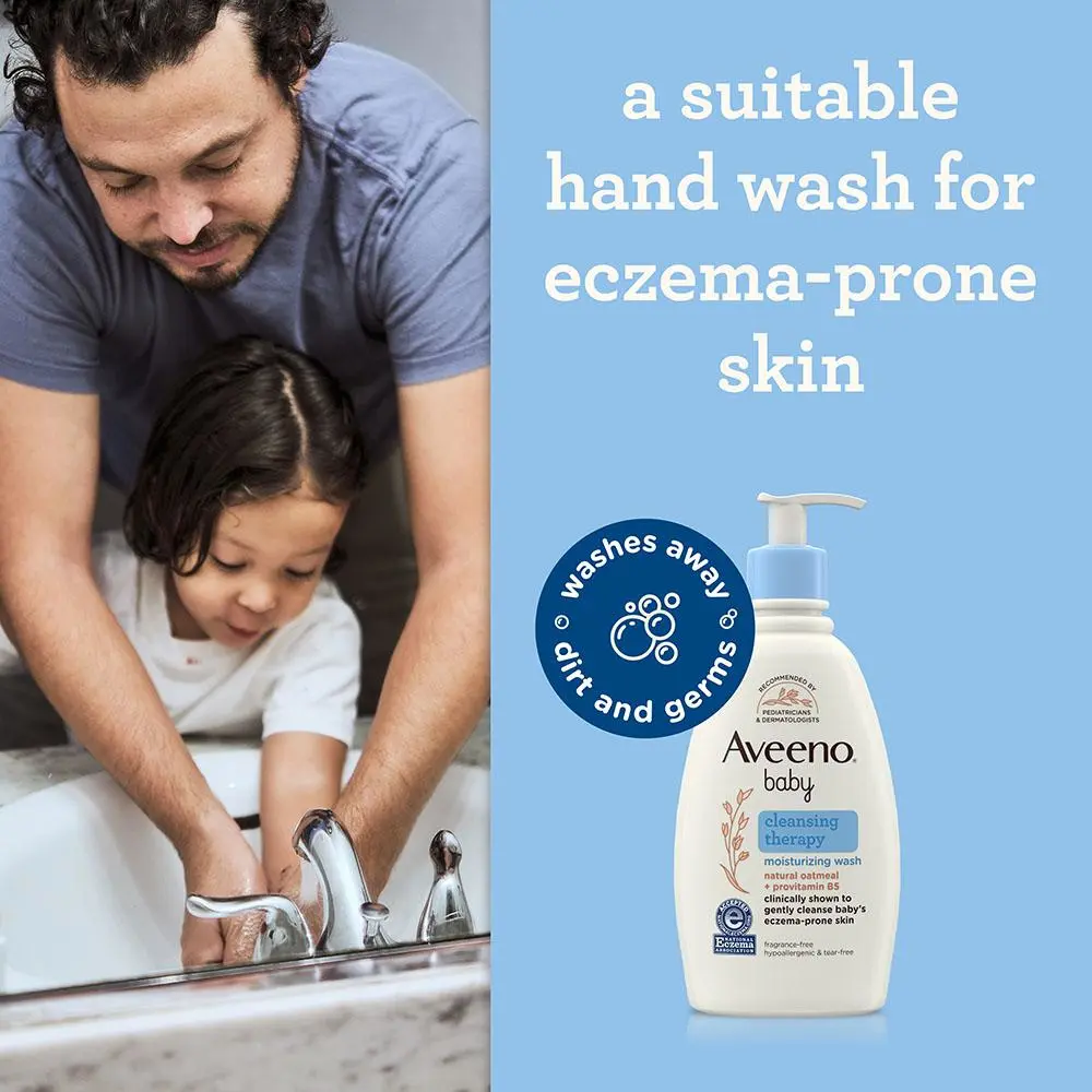 An image of a Dad and daughter washing hands and text "a suitable hand wash for eczema-prone skin"