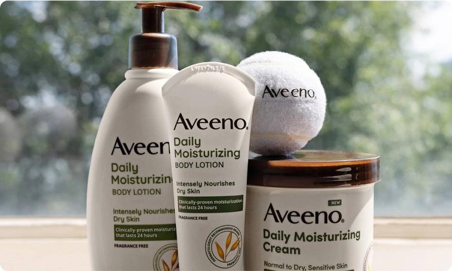 Banner Aveeno Body Lotion Set featuring tennis fun Aveeno ball event