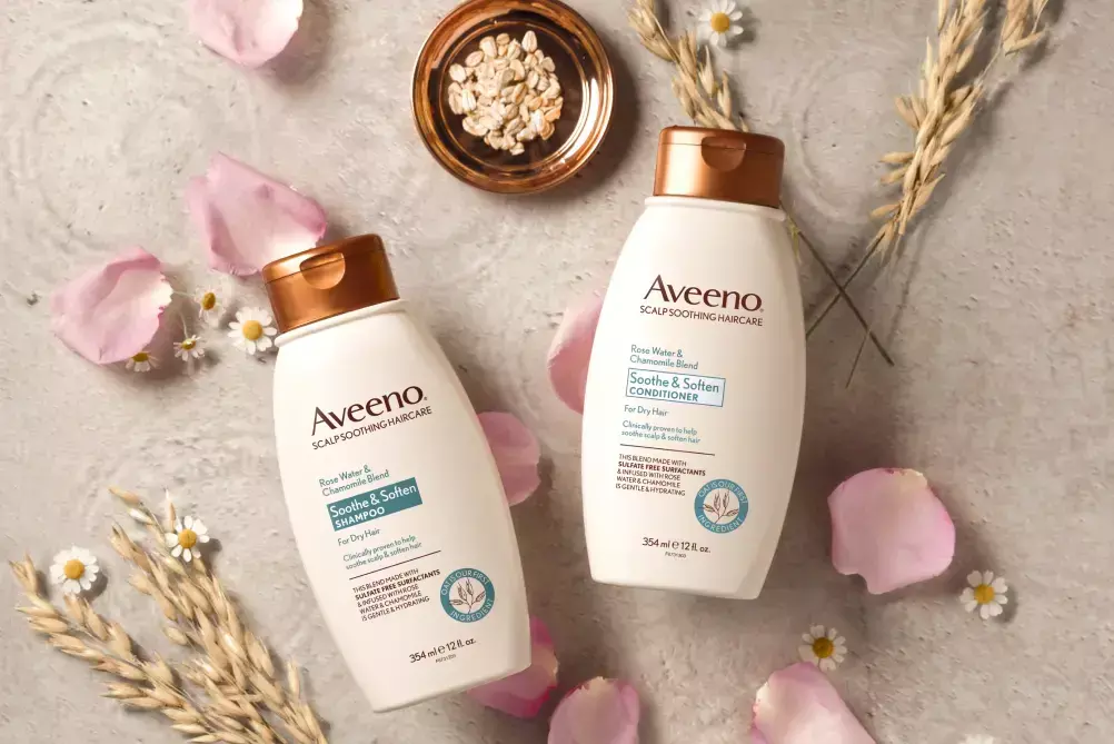 Aveeno® Soothe & Soften Rose Water & Chamomile Blend haircare set for sensitive skin and soft cleansing