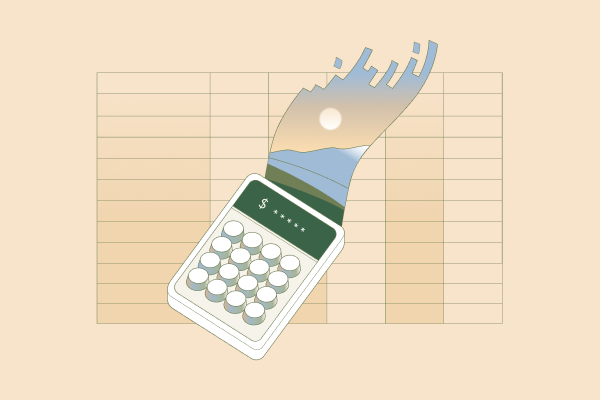 An illustration of a calculator in front of a blank spreadsheet.