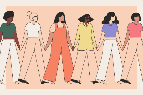 A diverse group of women walking together in a line and holding hands. Illustration.
