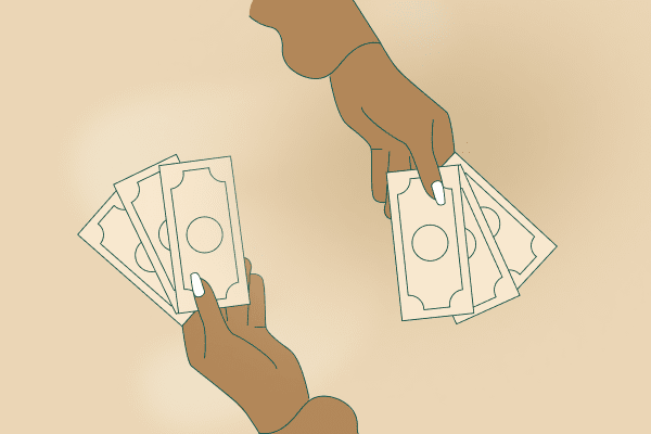 Two women’s hands holding fans of cash, one coming in from the top and one coming in from the bottom.