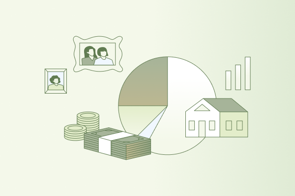 A pie chart and a cluster of stacked dollar bills and coins with a little house, a bar chart, and picture frames hanging above and around them. Illustration.