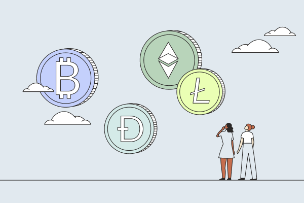 Two women looking up at coins floating in the sky with cryptocurrency symbols on them. Illustration.