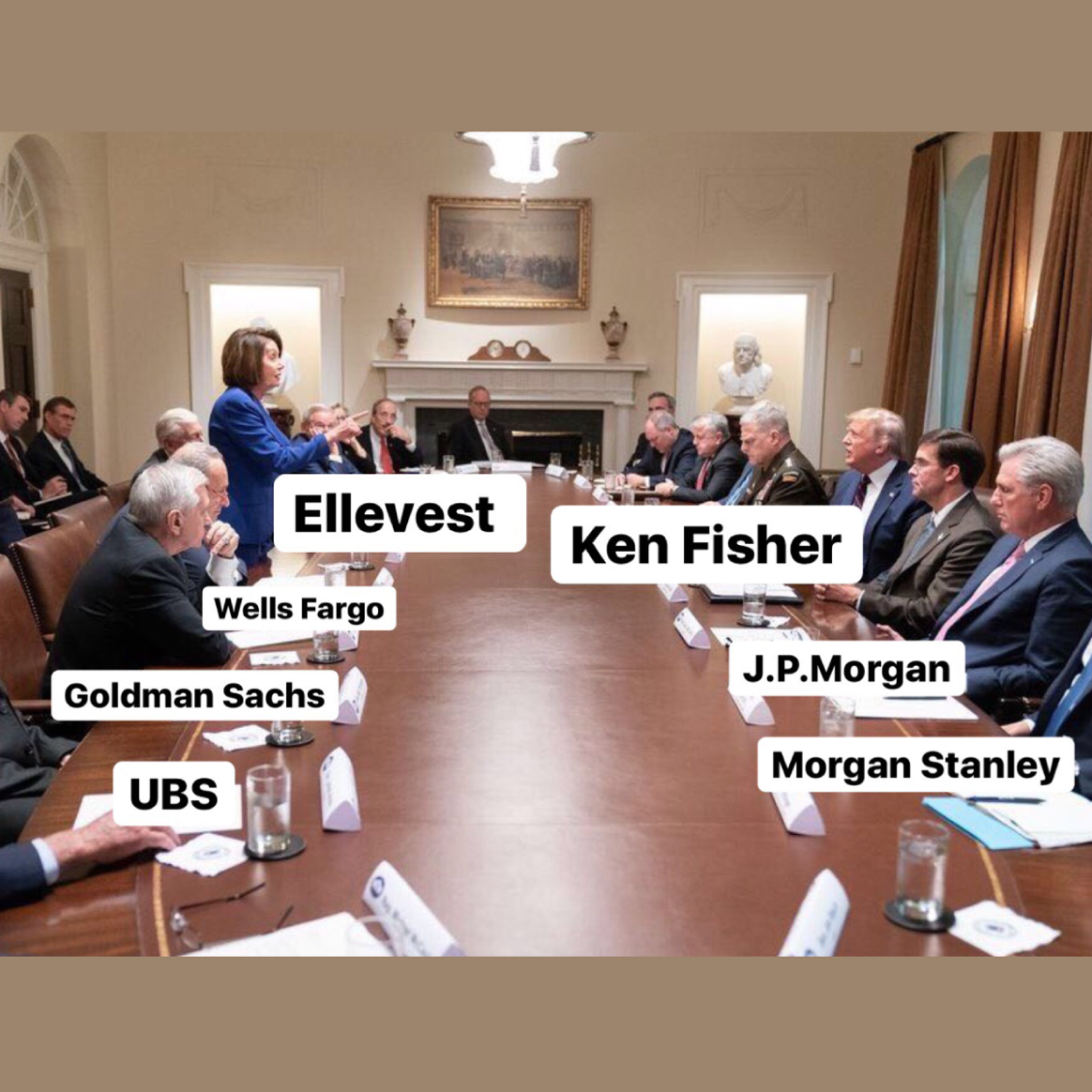 A meme of Nancy Pelosi standing up to Trump and a room full of men — but our version has Ellevest standing up to Ken Fisher and other wealth management companies.