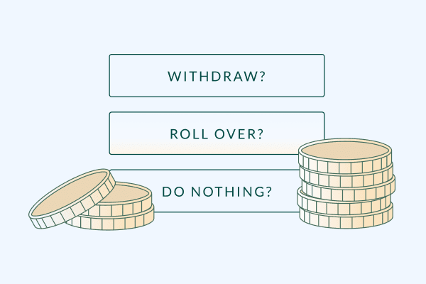 Stacks of coins sit on either side of a menu with three choices: Withdraw?, Rollover?, or Do Nothing?. Illustration.