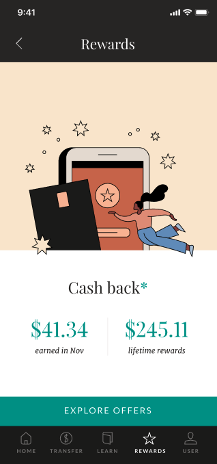 An image of the Rewards screen on the Ellevest iOS app showing how much in cash back rewards a user has earned.