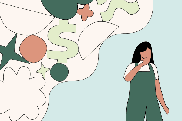 A woman in thought with her hand on her chin. Behind her, shapes like starbursts and dollar signs float in the air. Illustration.