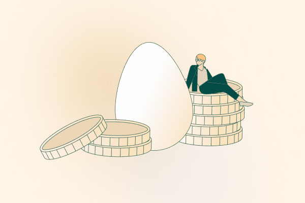 A woman sits on top of a huge stack of coins next to a huge egg. Illustration.