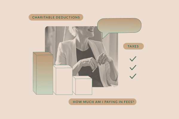 A photo of a woman chatting, with illustrations of shapes like a speech bubble and bar graph around her. Collage.