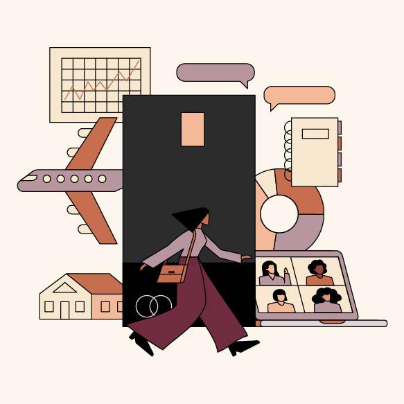 An illustration of a woman standing in front of a black Ellevest Executive debit card, with things like a plane, some charts, a notebook, and a laptop in the background.