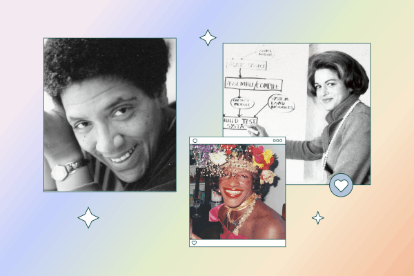 Photos of Audre Lorde, Marsha P. Johnson, and Edie Windsor, with a rainbow background. Collage.