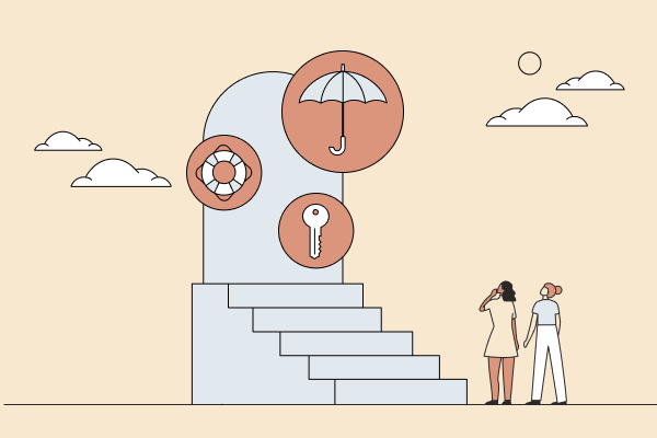 2 women looking at a giant door. Circles float in the air in front with an umbrella, key, and life preserver. Illustration.