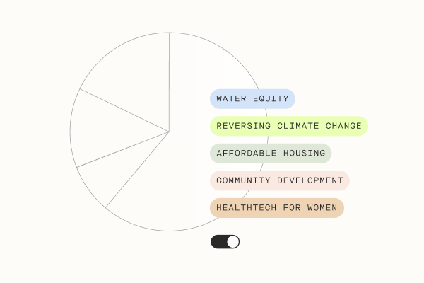 On the left, the outline of a pie chart. On the right, above an on/off toggle, labels that say things like “water equity” and “affordable housing.”