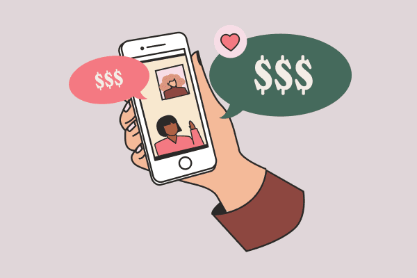 A woman’s hand holding a smartphone, open to a video chat with another woman. Speech bubbles indicate they’re talking money. Illustration.