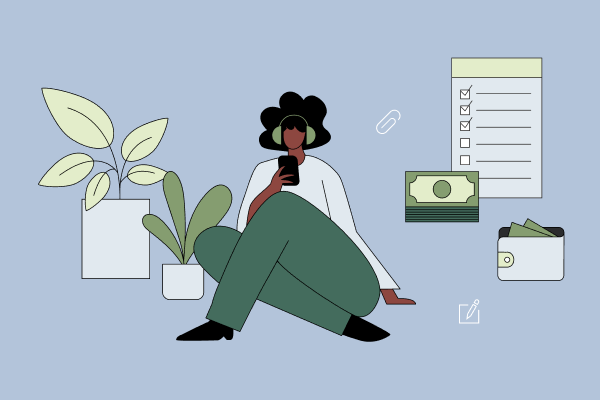 A woman using a smartphone, sitting next to houseplants. Shapes of a checklist, cash, and a wallet in the background. Illustration.
