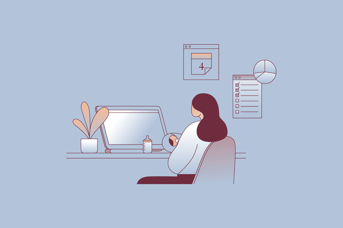 A woman holding a baby sitting at a computer with a bottle nearby. Shapes like calendars and checklists float around. Illustration.