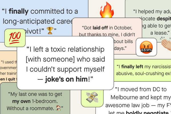 A collage of quotes from Ellevest community members who submitted FYF stories, like “I finally left my narcissist, abusive, soul-crushing ex!”