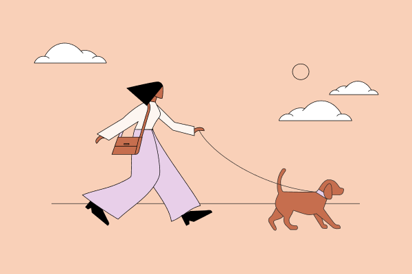 A woman with a messenger bag on her shoulder walking a dog on a leash, with clouds in the background. Illustration.