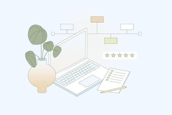 A laptop sitting next to a potted plant, a checklist, and a pencil, while icons like five-star rating and a timeline hover above. Illustration.