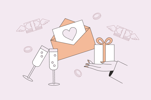An open envelope with a heart on a note, clinking champagne glasses, and a hand holding out a gift. Bundles of cash with wings fly in the background. Illustration.