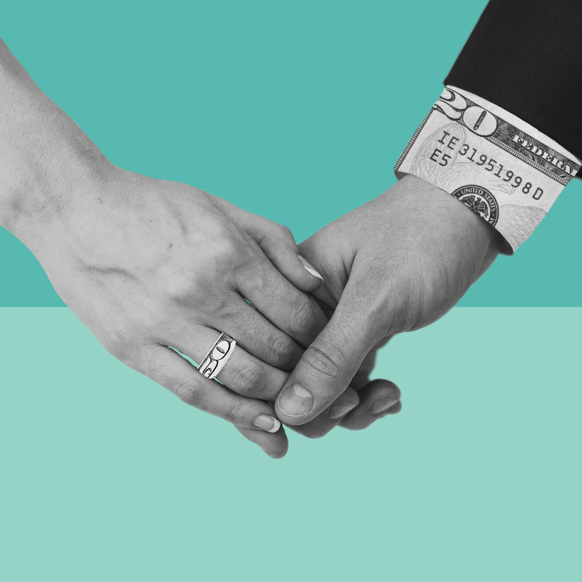 Two hands clasping, one with a wedding ring in the form of a $50 bill, and one with a shirt cuff in the form of a $20 bill.