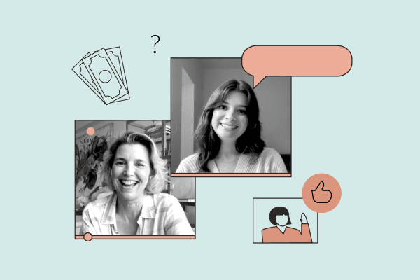 Sallie Krawcheck and Alexandra Ramirez in boxes that mimic Instagram Live. Shapes like dollar bills and a question mark surround them. Collage.