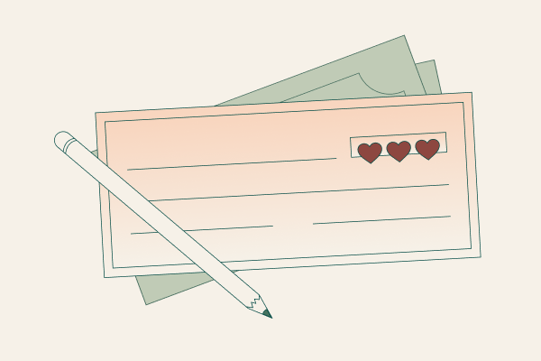 An illustration of a pencil on top of a personal check that’s blank except for three hearts in the date field.