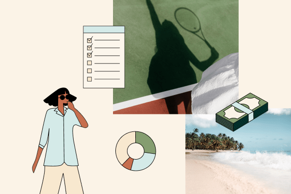 Photos of a tennis player's shadow and a beach. Illustrations of a woman contemplating, a checklist, and a donut chart. Collage.