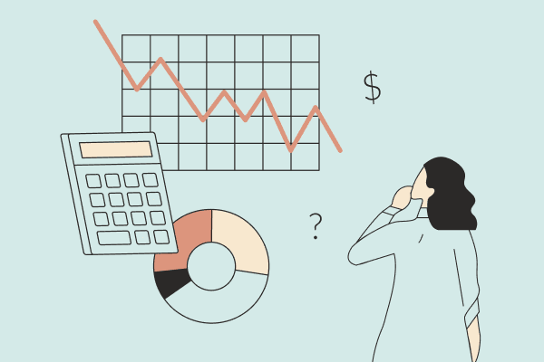 A woman contemplating a downward-trending stock market graph, with a calculator and pie chart floating nearby. Illustration.