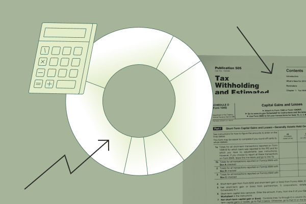 Illustrations of a donut chart and a calculator with arrows pointing up and down. Also, a photo of a tax form in the background. 