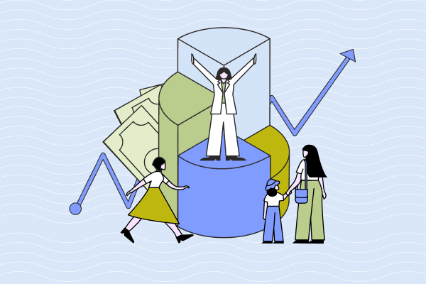 A woman in a pantsuit cheering from atop a 3-D pie chart arranged like stairs. Other women walk nearby, and cash and a stock market chart hover in the background. Illustration.