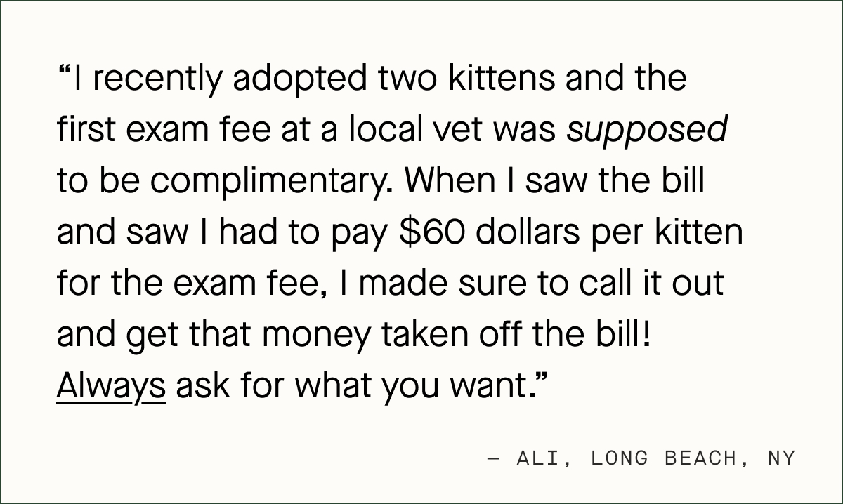 I recently adopted two kittens and the first exam fee at a local vet was supposed to be complimentary. When I saw the bill and saw I had to pay $60 dollars per kitten for the exam fee, I made sure to call it out and get that money taken off the bill! Always ask for what you want. — Ali, Long Beach, NY