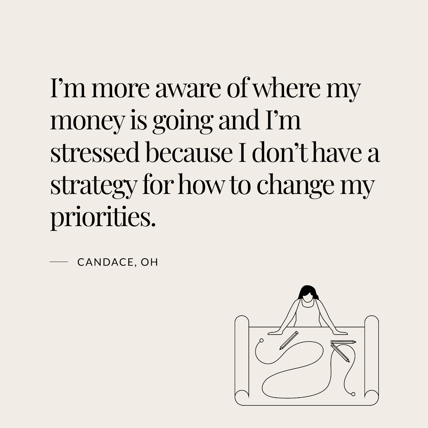 A quote from survey respondent Candace saying she's more aware of money but stressed about her priorities.