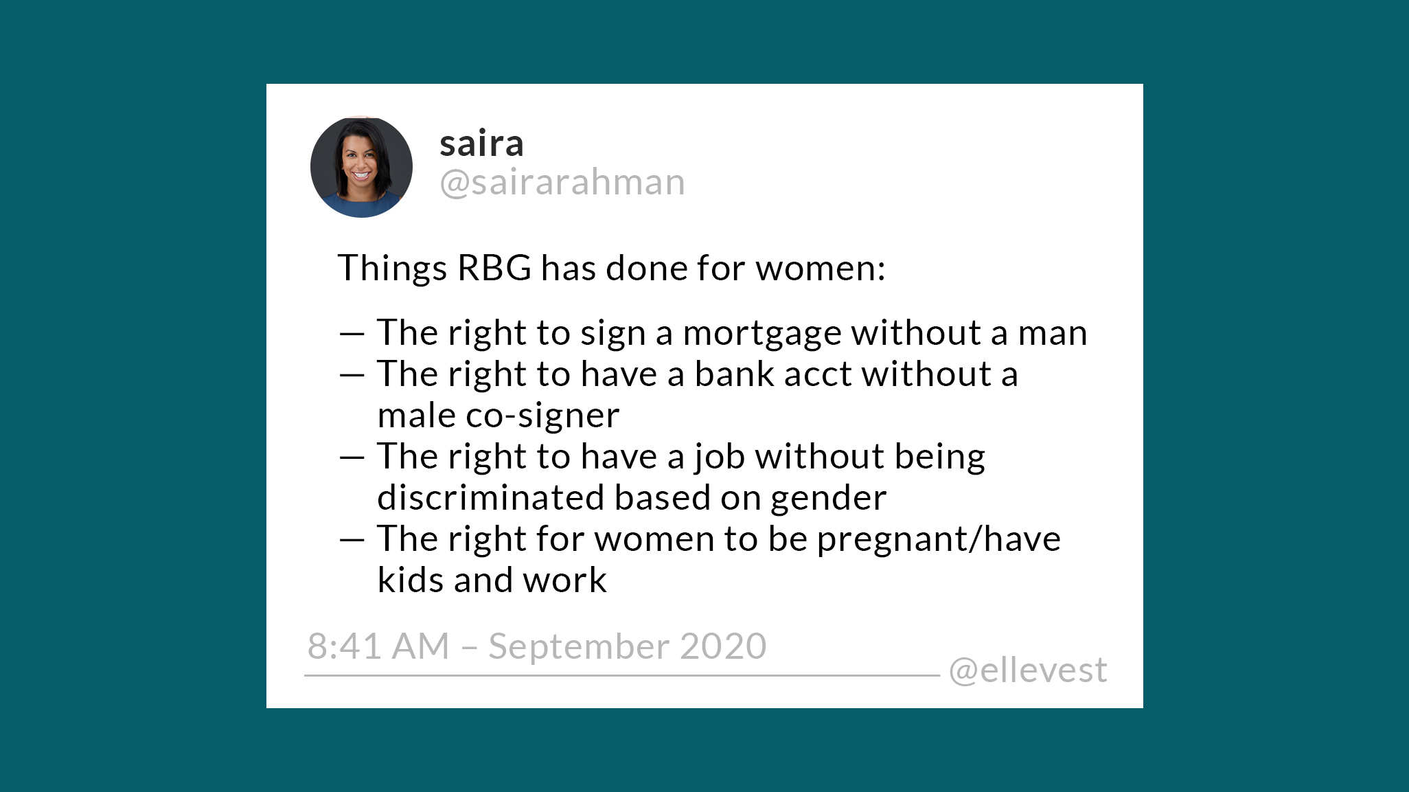 A tweet about things Ruth Bader Ginsburg has done for women.