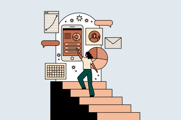An illustration of a woman going up a staircase to a doorway full of ways she can learn, including graphs, text bubbles, and her Ellevest app. The doorway is full of sparkles.