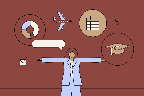 A woman in a pantsuit standing powerfully in front of bubbles containing a calendar, a pie chart, a graduation cap, a plane, and more. Illustration.