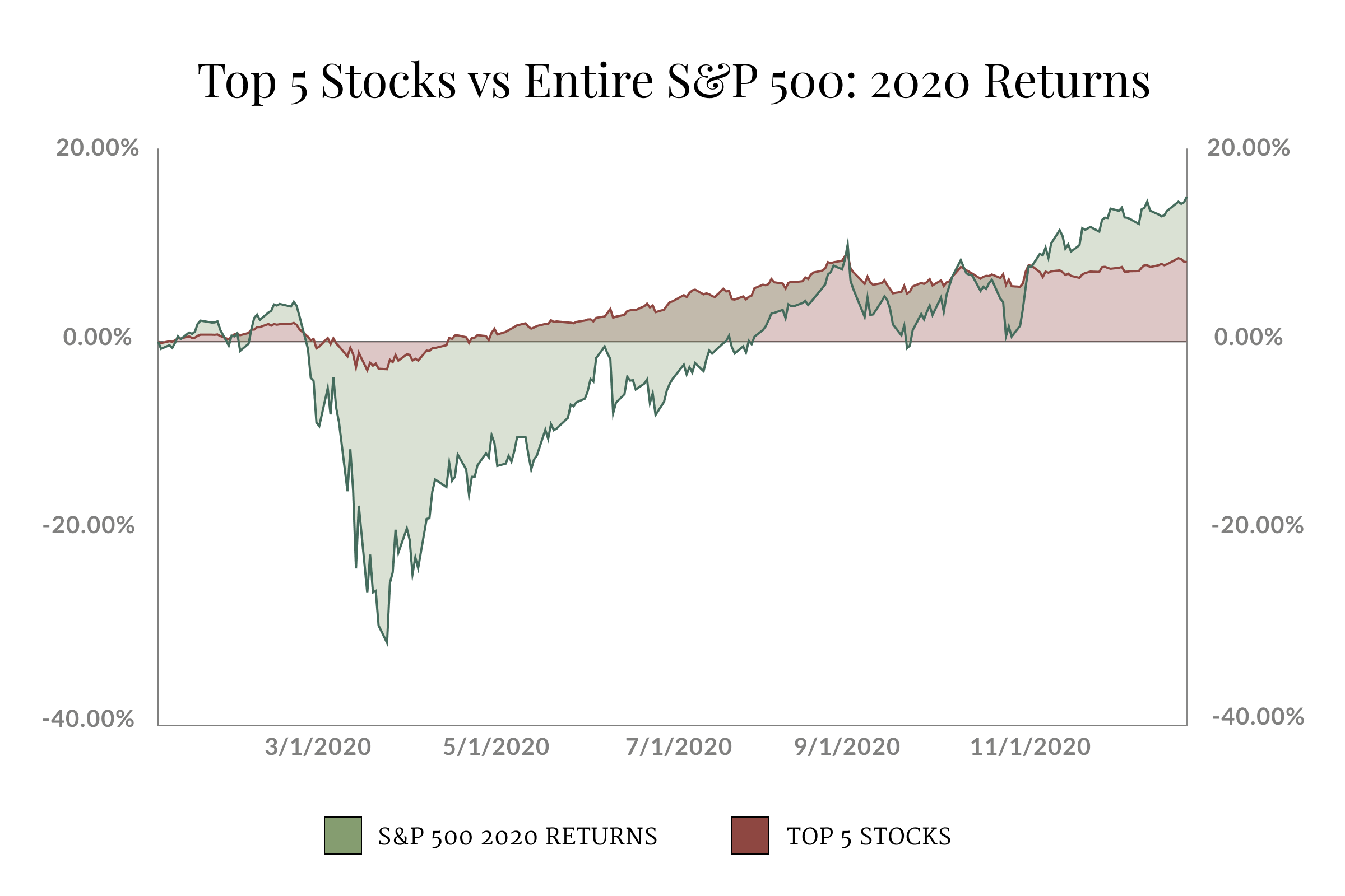 A chart that shows the 2020 performance of the top 5 stocks in the S&P 500 compared to the entire index.
