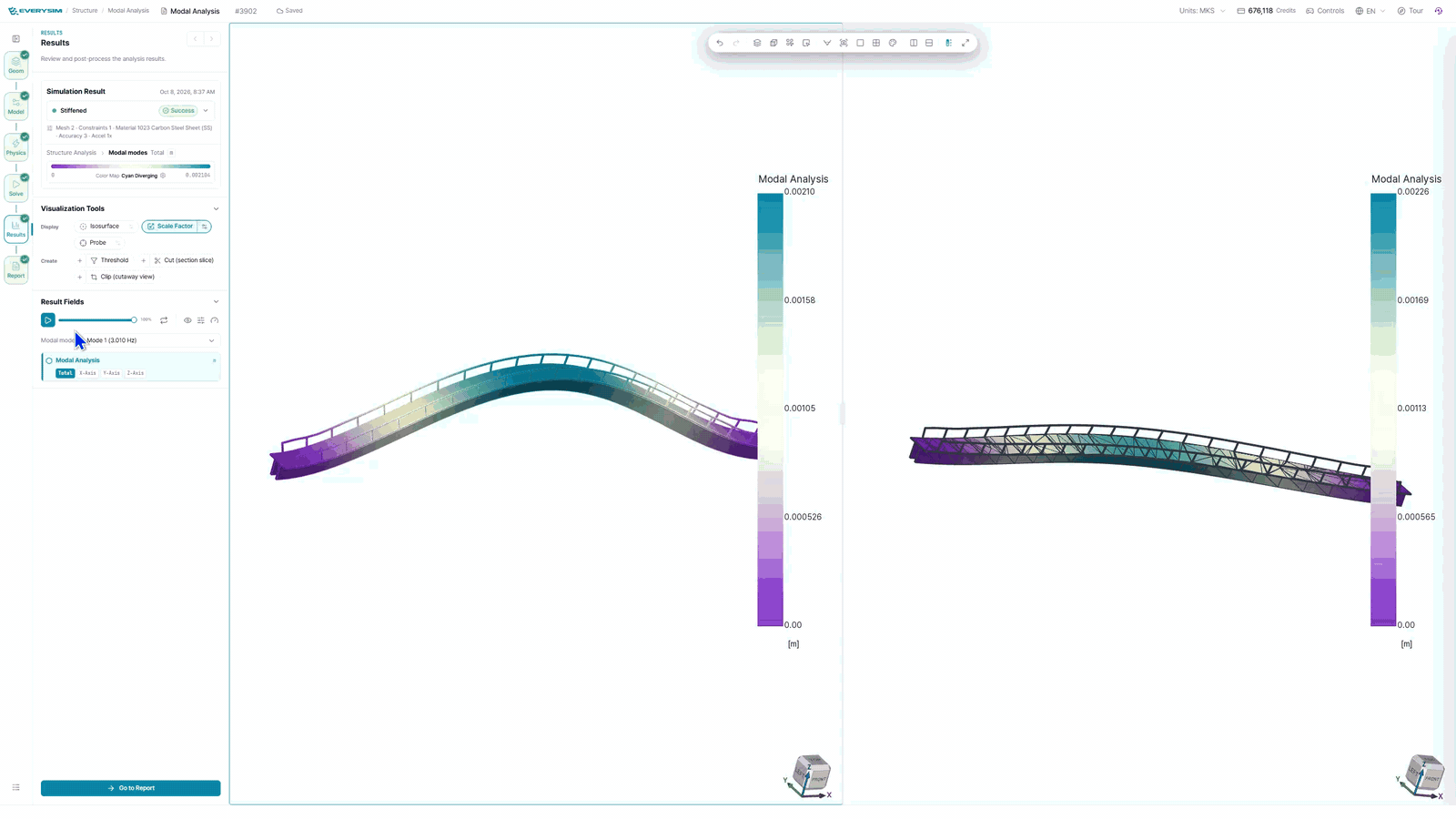 Animated bounce mode of the original and stiffened footbridge decks. Simulation made with EverySim (everysim.io).