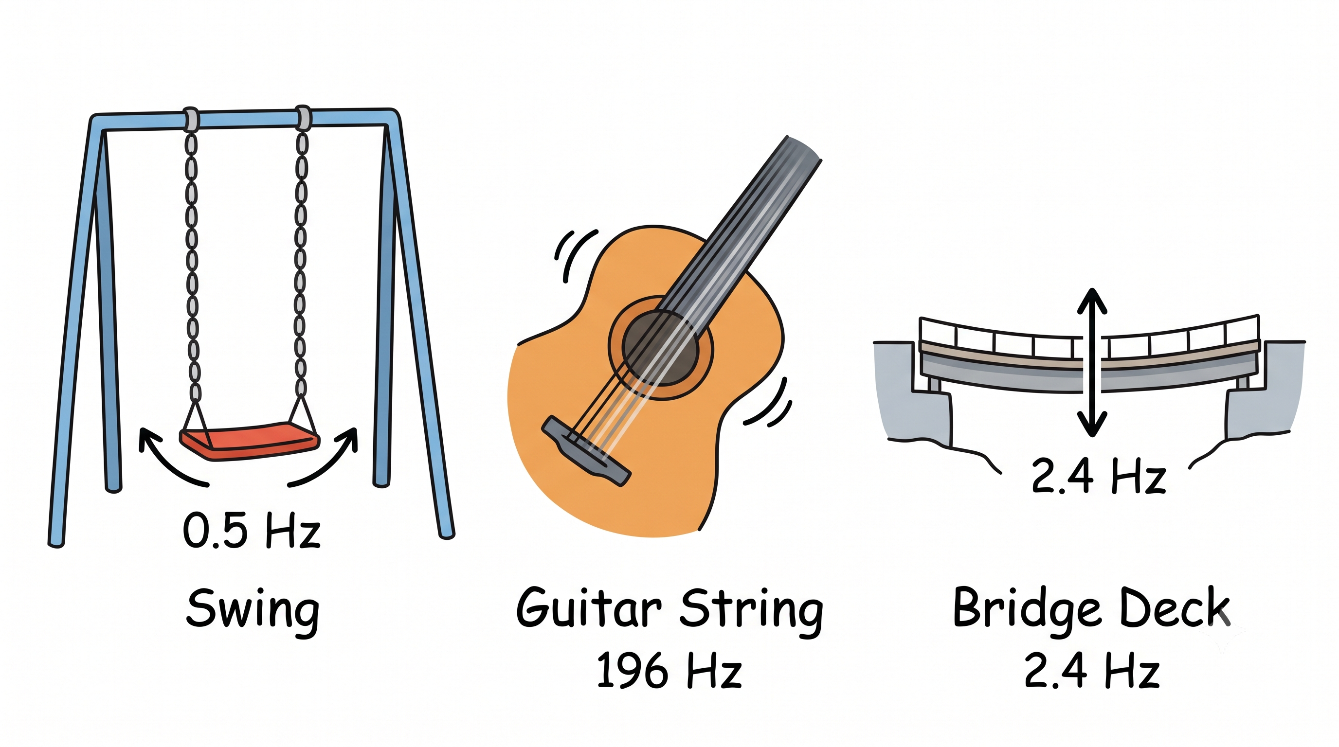Natural frequencies of a swing, guitar string and bridge deck