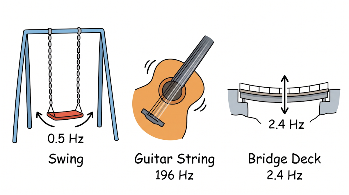 Natural frequencies of a swing, guitar string and bridge deck