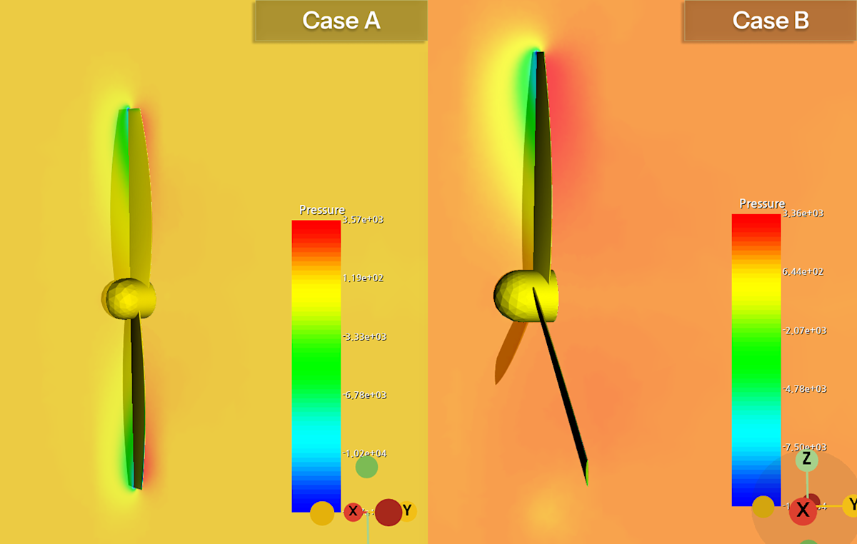 Blade surface pressure distribution — Case A (2-blade) vs. Case B (3-blade)