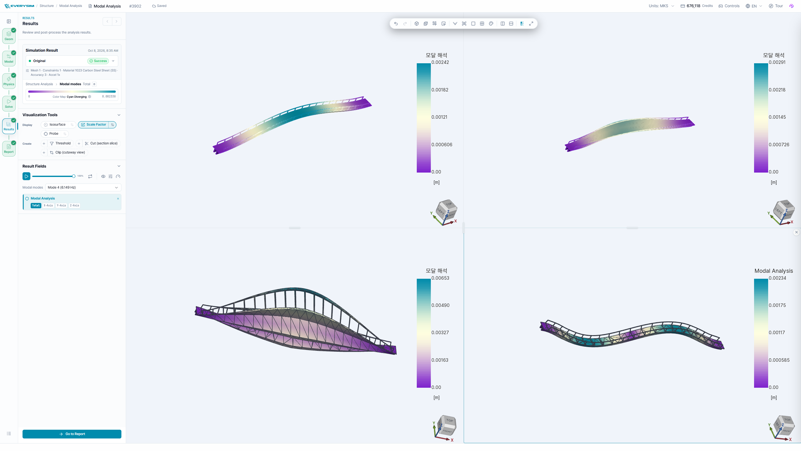 First four mode shapes of a 60 m steel footbridge. Simulation made with EverySim (everysim.io).