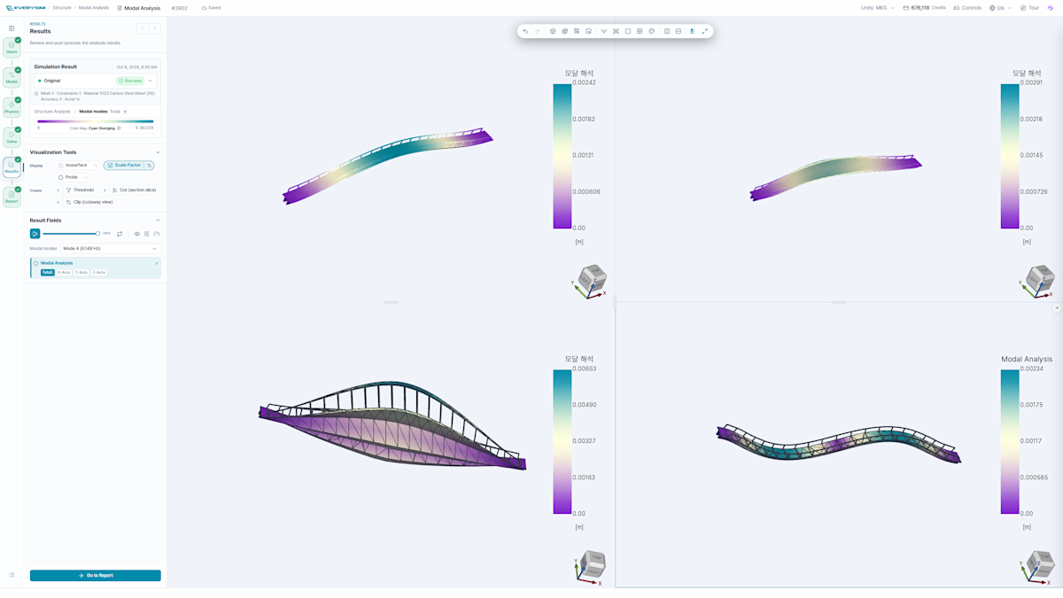 First four mode shapes of a 60 m steel footbridge. Simulation made with EverySim (everysim.io).