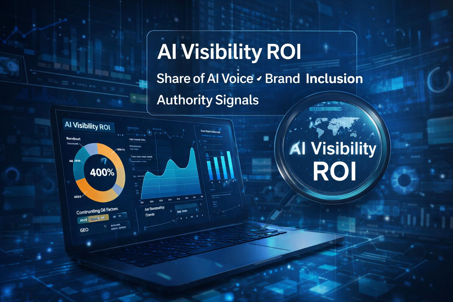 Laptop displaying AI Visibility ROI metrics, including share of AI voice and brand inclusion, surrounded by data visualizations and authority signals.