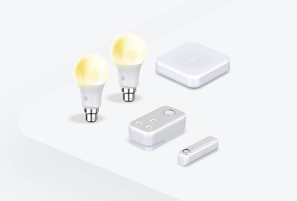 Composite image of Hive smart devices, including Hive smart light bulbs, Hive Plug, Hive Motion Sensor and Hive Hub, on a white background