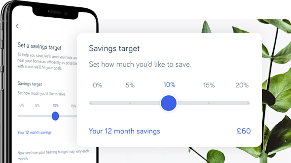 Image of Hive Heating Plus settings in the background, and saving targets in the middle for user to scroll how much they like to save.