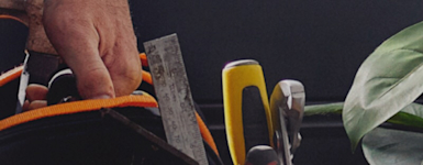 Close-up of a handyman carrying a tool kit with hammer, ruler, level, screwdrivers and other tools, with a green leafy plant in the background