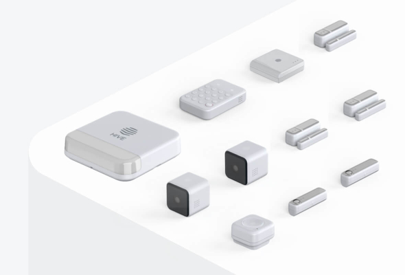 Composite image of Hive HomeShield Medium Pack, including Hive View Indoor Cameras, Hive Siren, Hive Keypad, Hive Motion Sensors and a Hive Hub, on a light grey and white background