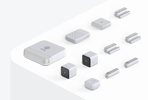 Composite image of Hive HomeShield Medium Pack, including Hive View Indoor Cameras, Hive Siren, Hive Keypad, Hive Motion Sensors and a Hive Hub, on a light grey and white background